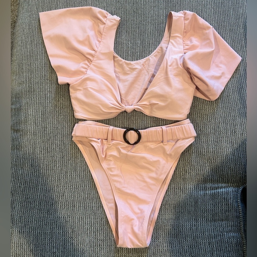 High-Waist Belted Bikini Set - Blush Pink